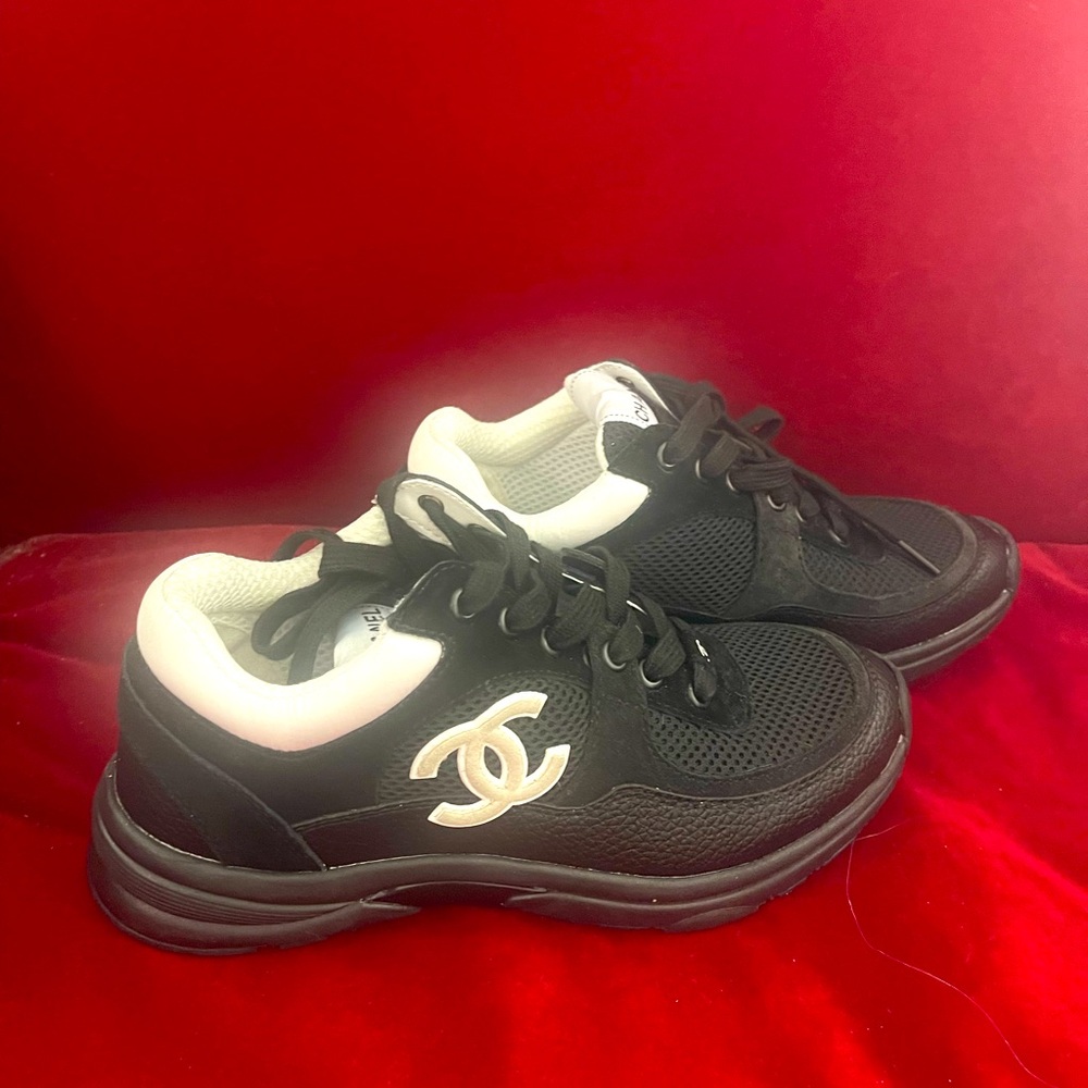Chanel black white logo trainer sneakers 38